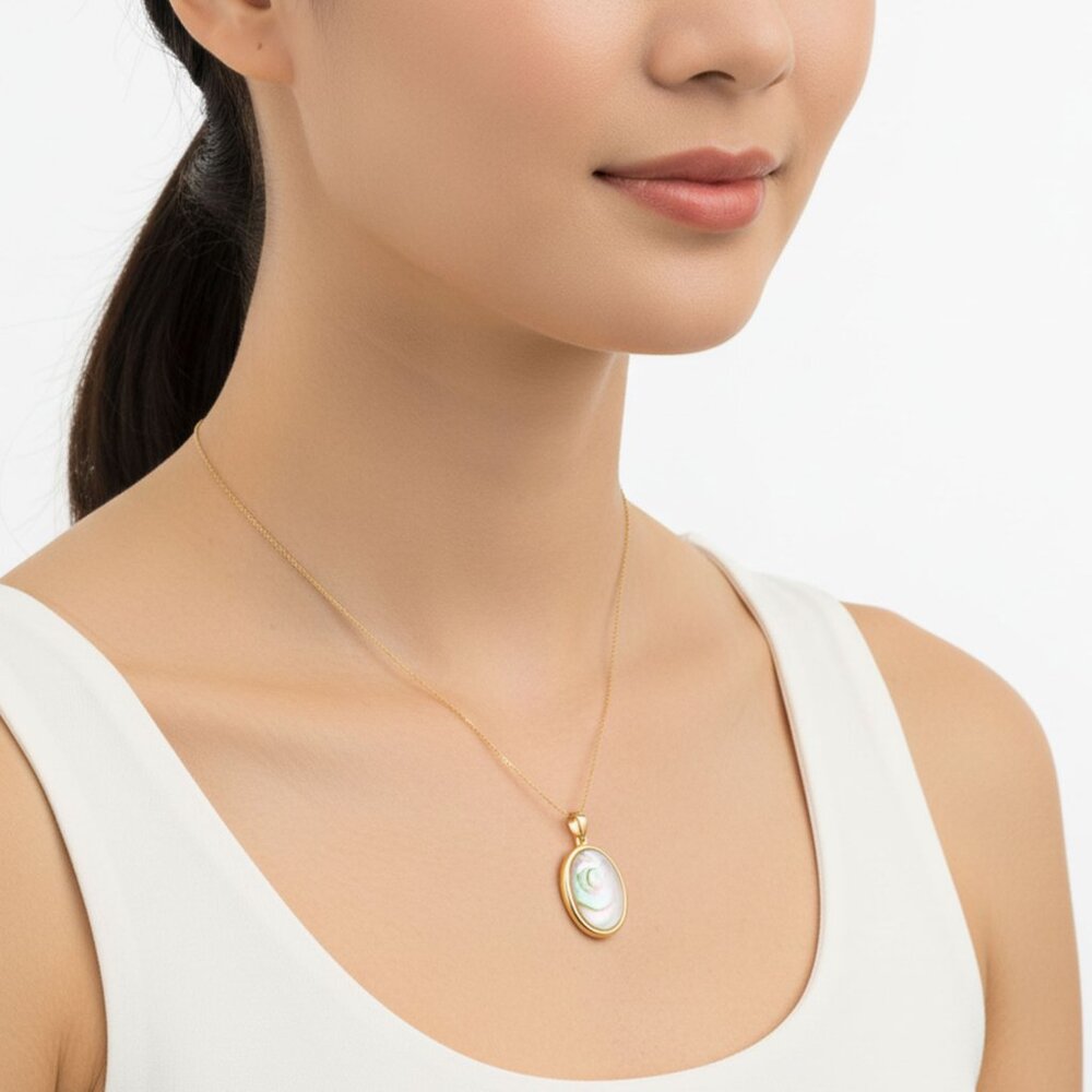 Classic Mother of Pearl Oval Pendant (x2) & Necklace Gold Tone Chain Minimalist